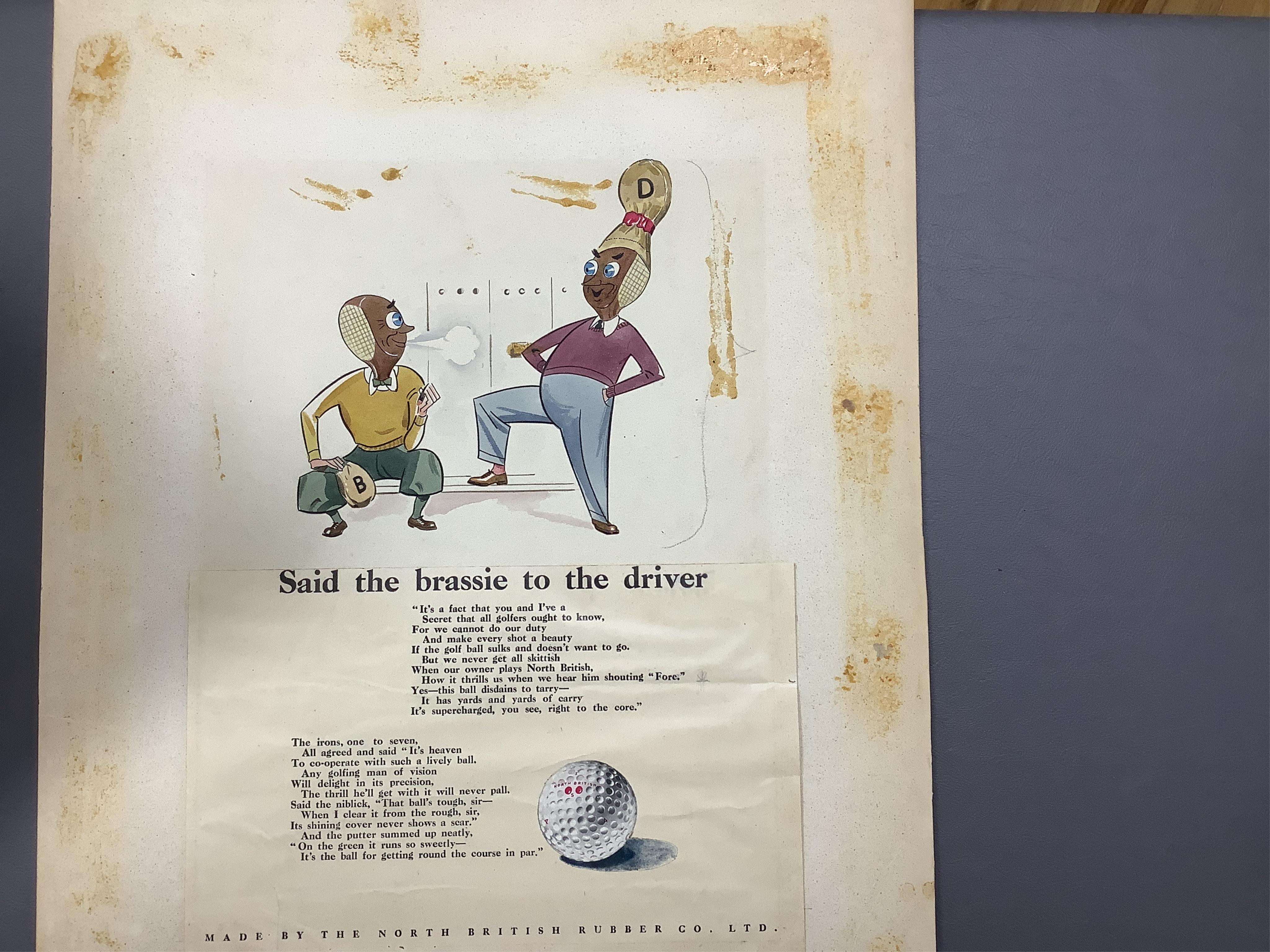 An archive of original designs for the North British Rubber Company to include 'Supercharged Golf Ball, by Percy Caesar, unframed, largest 38 x 28cm. Condition - fair, some discolouration throughout
